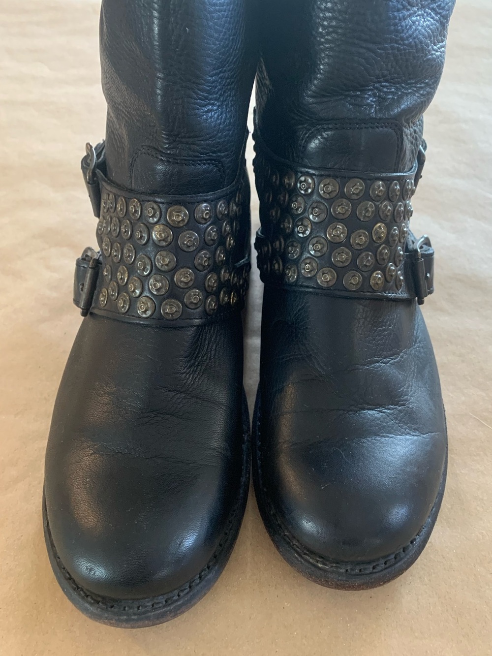 Frye Black Leather Buckle Studded Moto Boots Size 9.5 - Picture 3 of 15